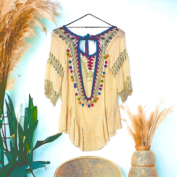 Boho Colorful Pom Pom Crochet Flowy Top / Tunic / Swim Cover Up - Picture 6 of 6